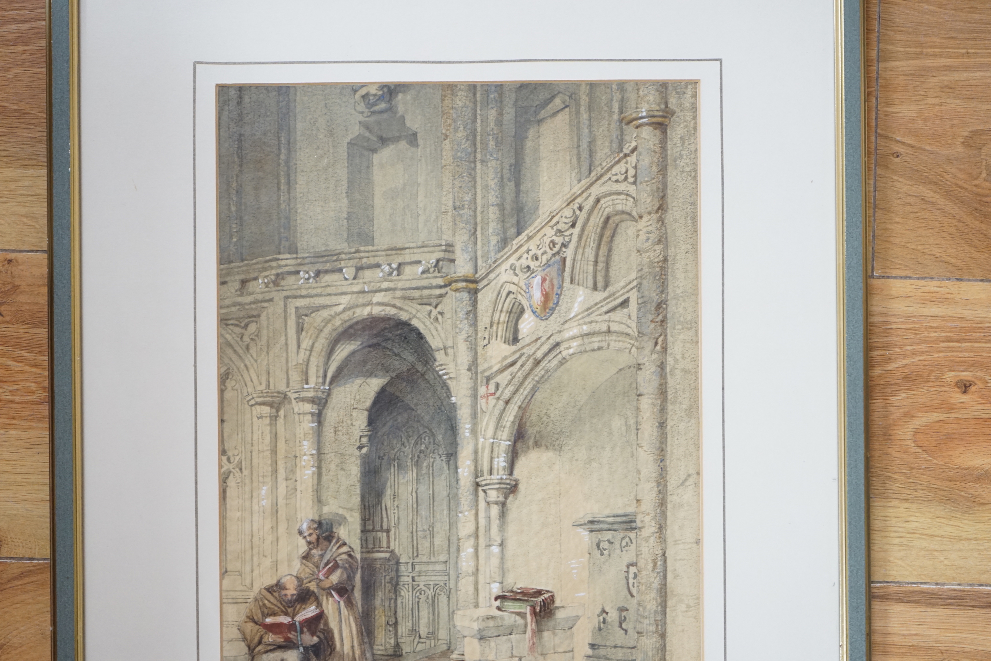 Thomas Scandrett (1797-1870), heightened watercolour, Two monks in an ecclesiastical setting, signed and dated 1843, 34 x 24cm